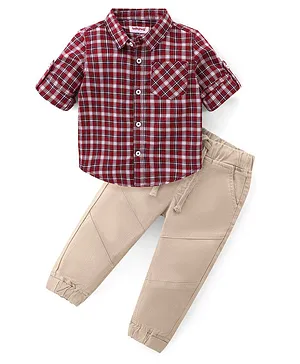 Babyhug 100% Cotton Woven Full Sleeves Checkered Shirt And Lounge Pant - Maroon & Beige