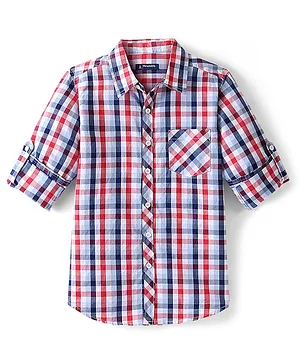 Pine Kids Cotton Woven Full Sleeves Checkered Shirt - Red & Blue