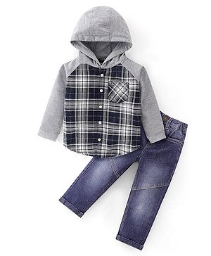 Babyhug Woven Full Sleeves Checked Hooded Shirt & Denim Jeans - Blue