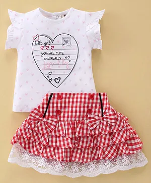 ToffyHouse Cotton Knit Frill Sleeves Top & Skirt With Checked & Heart Print - Red & White