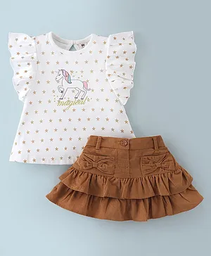 ToffyHouse Cotton Half Sleeves Unicorn Patched Top with Layered Skirt - White & Brown