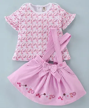 ToffyHouse Cotton Knit to Woven Half Sleeves Top & Skirts With Floral Print & Embroidery - Pink