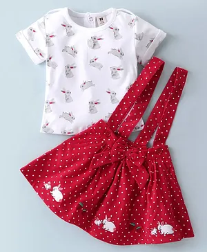 ToffyHouse Cotton Half Sleeves Top & Skirt Set with Bow Applique Bunny Print - Red