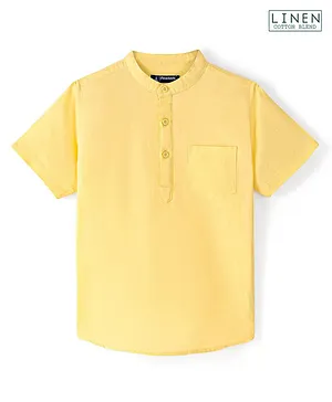 Pine Kids Cotton Linen Half Sleeves Solid Colour Mandarin Neck Shirt - Yellow