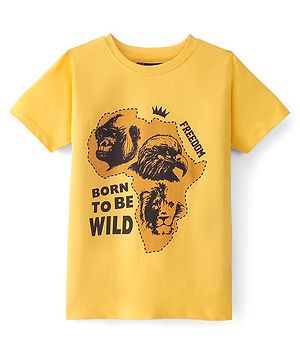 Pine Kids Cotton Knit Half Sleeves T-Shirt Lion Print - Snapdragon Yellow
