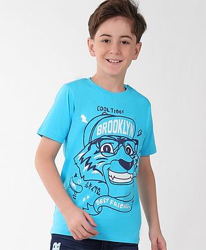 Pine Kids Cotton Knit Half Sleeves T-Shirt Lion Print - Blue Atoll