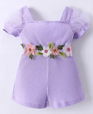 Kookie Kids Half Sleeves Jumpsuit With Floral Applique - Purple