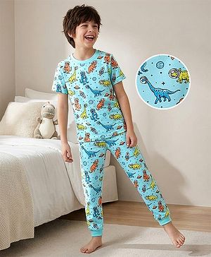 Pine Kids Cotton Knit Half Sleeves Night Suit Dino Print - Blue
