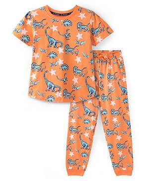 Pine Kids Single Jersey Half Sleeves Night Suit Dino & Stars Print - Orange