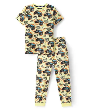 Pine Kids 100% Cotton Knit Half Sleeves Nightsuit With Monster Truck Print- Yellow