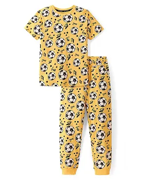 Pine Kids 100% Cotton Knit Half Sleeves Football Printed Night Suit - Yellow
