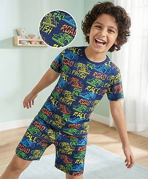 Pine Kids 100% Cotton Knit Single Jersey Half Sleeves Night Suit With Text Print - Navy Blue