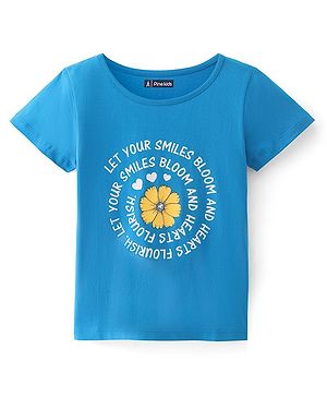 Pine Kids 100% Cotton Knit Half Sleeves T-Shirts Text & Flower Print - Blue