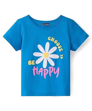 Pine Kids Cotton Half Sleeves T-Shirt Text & Floral Print - Blue