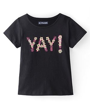 Pine Kids 100% Cotton Half Sleeves Text with Floral Print T-Shirt - Black