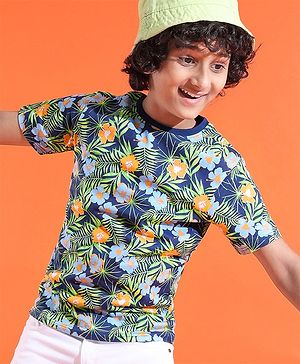 Pine Kids 100% Cotton Knit Half Sleeves T-Shirt Floral Print - Multicolour