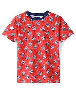 Pine Kids 100% Cotton Knit Half Sleeves T-Shirt Leafy Print - Red