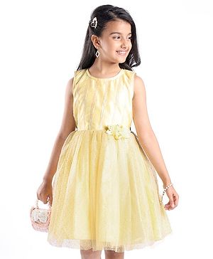 Pine Kids Woven Sleeveless Sequinned Party Frock with Floral Applique - Yellow