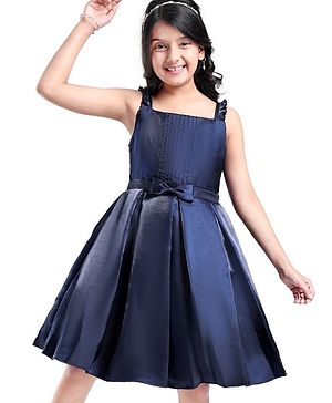 Pine Kids Woven Sleevless Frock With Pleats & Bow - Navy Blue