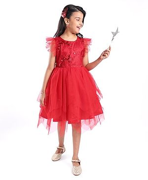 Pine Kids Woven Frill Sleeves Floral Embroidered Party Dress with Sequin Detailing - Scarlet Red