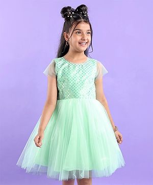 Pine Kids Woven Half Sleeves Party Frock with Sequins Detailing - Green