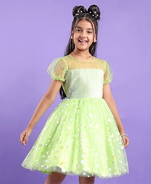Pine Kids Woven Half Sleeves Party Frock With Polka Dot Print-Green