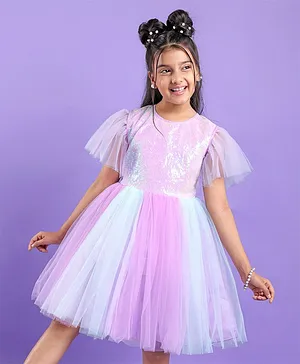 Pine Kids Half Sleeves Party Frock With Sequin Detailing - Pink