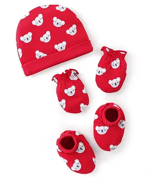 Babyhug 100% Cotton Cap Mittens And Booties Bear Print - Red