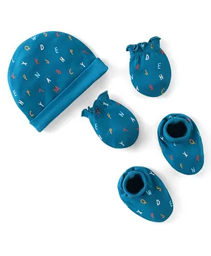 Babyhug 100% Cotton Cap Mittens And Booties Alphabate Print - Blue