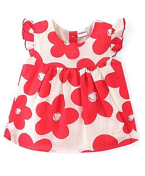Babyhug 100% Cotton Frill Sleeves Woven Top With Floral Print - Red & White