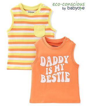 Babyoye  100% Cotton with Eco Jiva Finish Sleeveless Striped & Text Printed T-Shirts Pack of 2 - Orange & Yellow