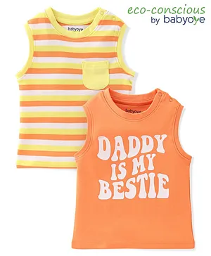 Babyoye  100% Cotton with Eco Jiva Finish Sleeveless Striped & Text Printed T-Shirts Pack of 2 - Orange & Yellow