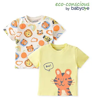 Babyoye  100% Cotton with Eco Jiva Finish Half Sleeves Wild Animals Printed T-Shirts Pack of 2 - Yellow & Cream