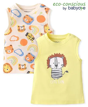 Babyoye  100% Cotton with Eco Jiva Finish Sleeveless Wild Animals Printed T-Shirts Pack of 2 - Yellow & Cream