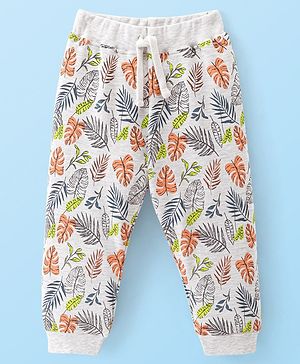 Babyhug Cotton Looper Knit Full Length Track Pant Leaf Print - Grey