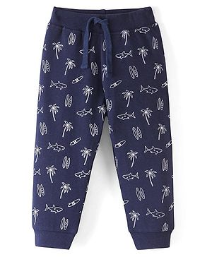 Babyhug Cotton Looper Knit Full Length Lounge  Pant Palm Tree Print - Navy Blue