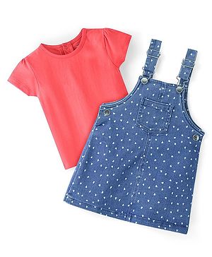 Babyhug Denim Frock With Knit Half Sleeves Inner Tee - Blue