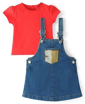 Babyhug Denim Woven Frock With Half Sleeves Knitted Inner Tee Sequince Detailing - Blue