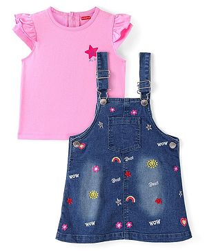 Babyhug Denim Frock With Frill Sleeves Inner Tee Floral & Star Embroidery - Blue