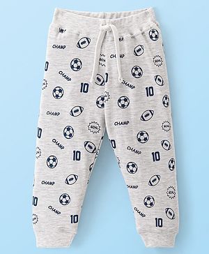 Babyhug Cotton Looper Knit Full Length Lounge Pant Soccer Ball Print - Grey