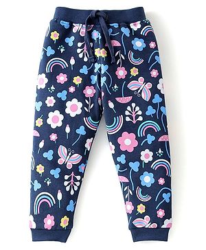 Babyhug Cotton Knit Full Length Track Pant Floral & Butterfly Print - Navy Blue