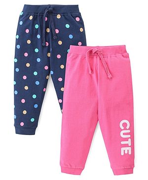 Babyhug Cotton Looper Full Length Lounge Pants Polka Dot & Cute Print Pack of 2 - Navy & Pink