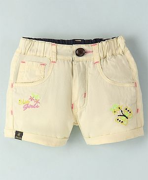 Olio Kids Cotton Above Knee Length Shorts with Text & Butterfly Embroidered - Yellow