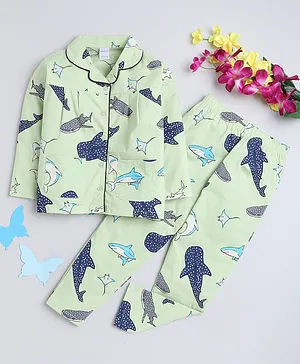 Manet Girls 100% Cotton Full Sleeves Sharks Printed Night Suit - Green