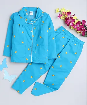 Manet Girls 100% Cotton Full Sleeves Tacos Printed Night Suit - Turquoise Blue