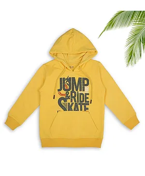 Sodacan Full Sleeves  Jump Ride & Skate Text Printed  Cotton Hoodie - Yellow