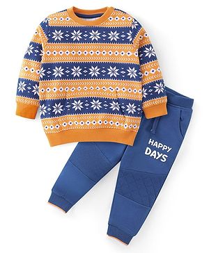 Babyhug 100% Cotton Knit Full Sleeves T-Shirt & Lounge Pant With Ikat Print- Orange & Navy Blue
