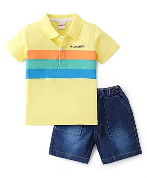 Babyhug Cotton Blend Knit Half Sleeves Polo T-Shirt & Denim Shorts Set Stripes & Text Print - Yellow & Blue