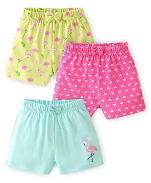 Babyhug Cotton Single Jersey Shorts With Flamingo & Heart Print Pack Of 3 - Pink Green & Blue
