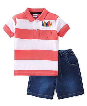 Babyhug Cotton Lycra Knit Half Sleeves Striped Polo Tee & Shorts Set - Coral & Blue